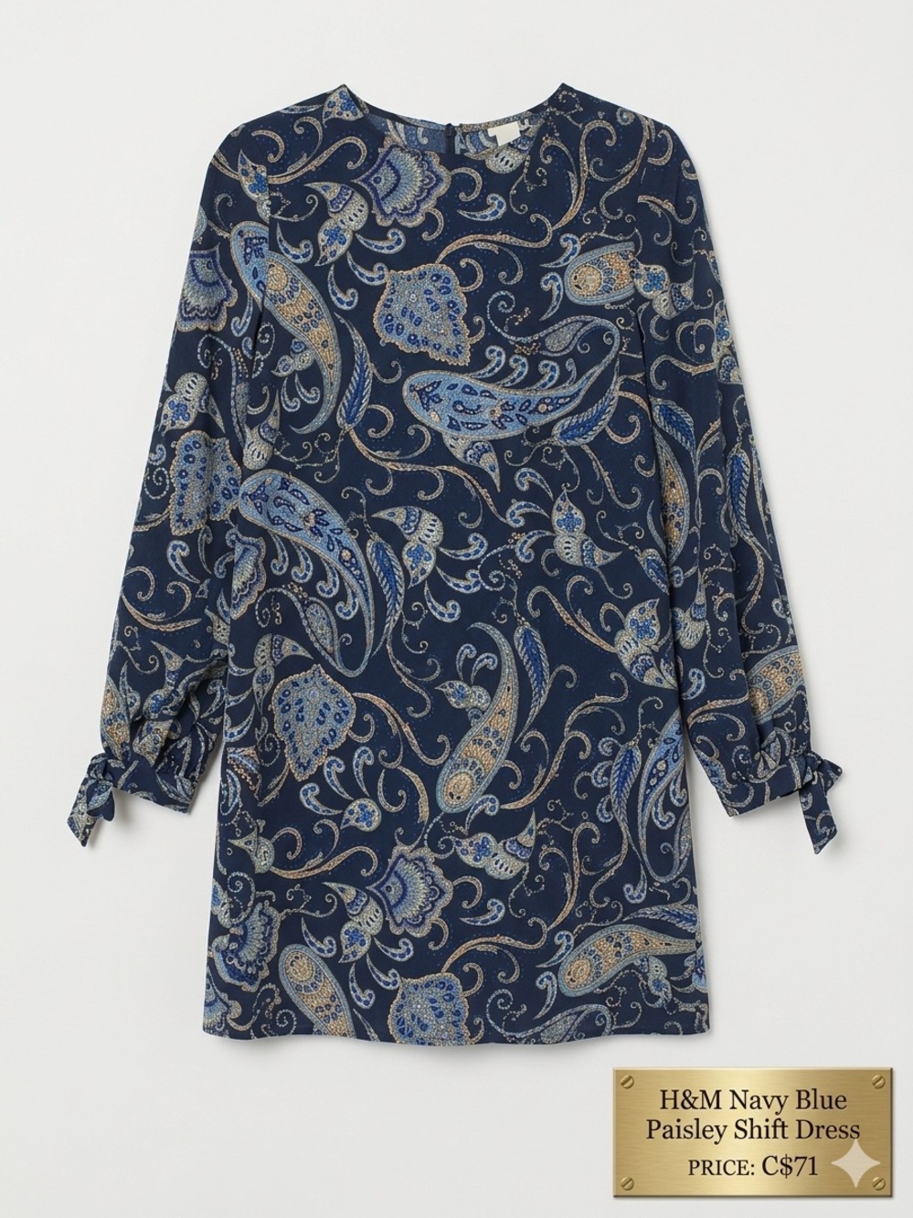 H&M Navy Blue Paisley Shift Dress Tie sleeve - Size 4 - EUC